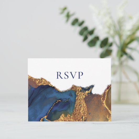 Abstracte blauwe gouden bruiloft RSVP Uitnodiging Briefkaart (Staand voorkant)
