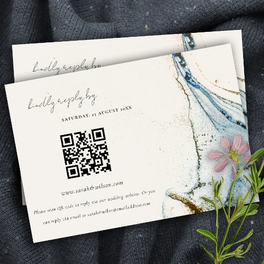 Abstracte blauwe goudstropdas QR-code RSVP Informatiekaartje