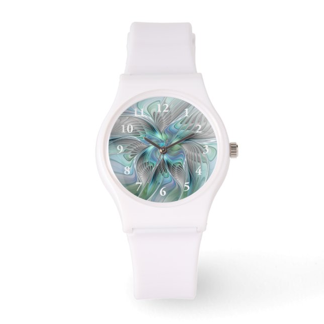 Abstracte blauwe groene vlinder Fantasy Fractal Ar Horloge (Voorkant)