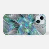 Abstracte blauwe groene vlinder Fantasy Fractal Ar iPhone 15 Hoesje (Achterkant horizontaal)
