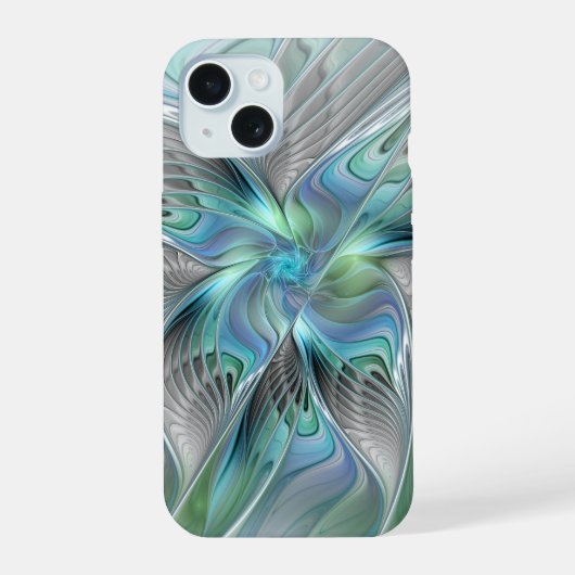 Abstracte blauwe groene vlinder Fantasy Fractal Ar iPhone 15 Hoesje (Achterkant)