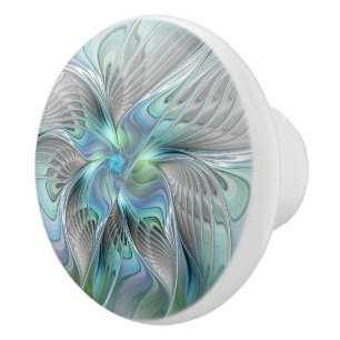 Abstracte blauwe groene vlinder Fantasy Fractal Ar Keramische Knop