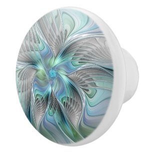 Abstracte blauwe groene vlinder Fantasy Fractal Ar Keramische Knop