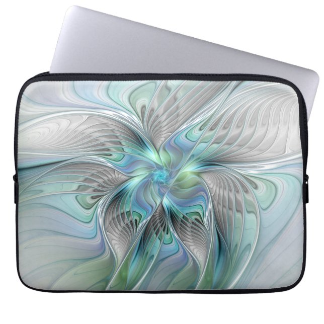 Abstracte blauwe groene vlinder Fantasy Fractal Ar Laptop Sleeve (Voorkant)