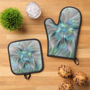 Abstracte blauwe groene vlinder Fantasy Fractal Ar Ovenwant & Pannenlap Set