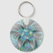 Abstracte blauwe groene vlinder Fantasy Fractal Ar Sleutelhanger (Voorkant)