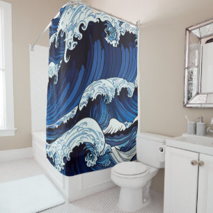 Abstracte blauwe oceaan golven Japanse stijl kunst Douchegordijn