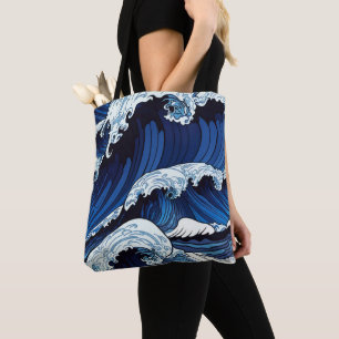 Abstracte blauwe oceaangolven Japans stijlkunstwer Draagtas