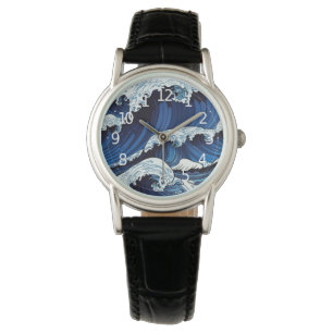 Abstracte blauwe oceaangolven Japans stijlkunstwer Horloge