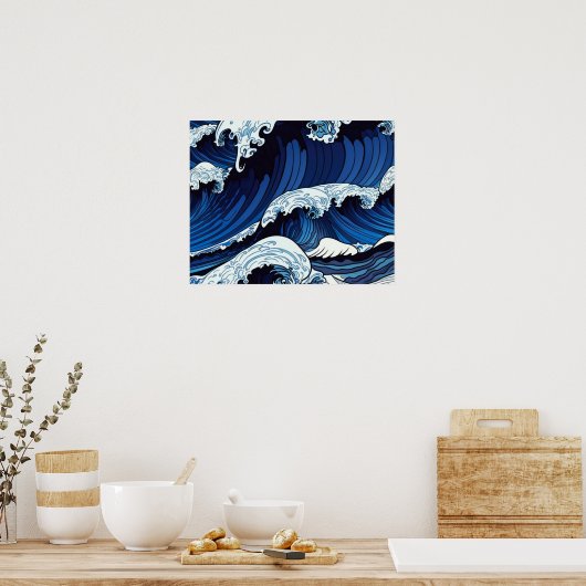 Abstracte blauwe oceaangolven Japans stijlkunstwer Poster (Keuken)