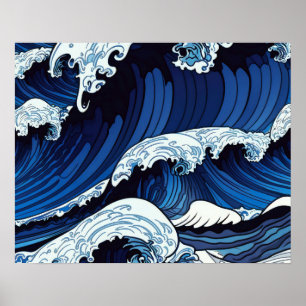 Abstracte blauwe oceaangolven Japans stijlkunstwer Poster