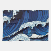 Abstracte blauwe oceaangolven Japans stijlkunstwer Theedoek (Horizontaal)