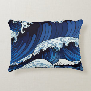 Abstracte blauwe oceaangolven Japanse stijl kunstw Accent Kussen