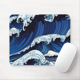 Abstracte blauwe oceaangolven Japanse stijl kunstw Muismat