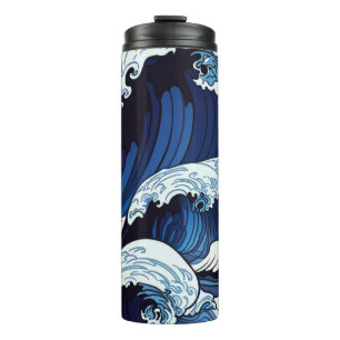 Abstracte blauwe oceaangolven Japanse stijl kunstw Thermosbeker