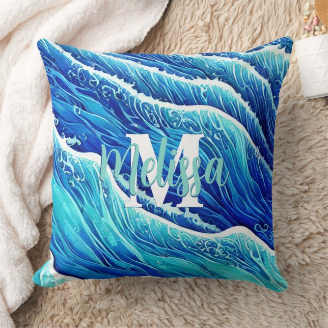 Abstracte Blauwe Oceaangolven Monogrammen Kussen (Deken)