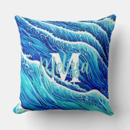 Abstracte Blauwe Oceaangolven Monogrammen Kussen