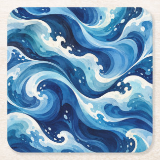 Abstracte Blauwe Oceaangolven Waterverf Kust Throw Vierkante Kartonnen Onderzetter