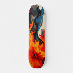 Abstracte blauwe oranje en rode vuurvlam met rook skateboard
