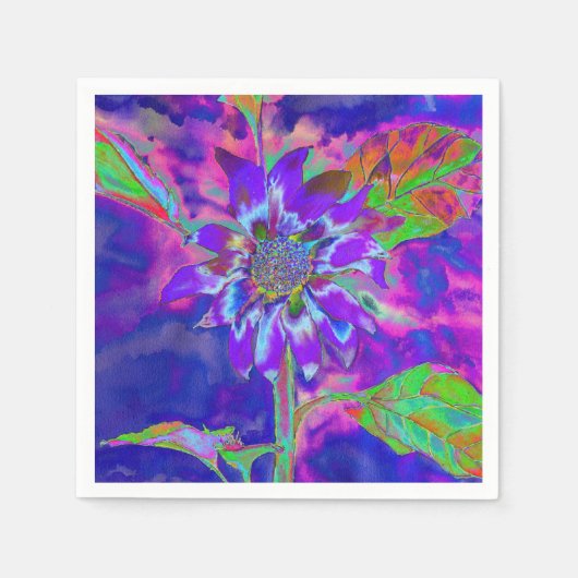 Abstracte blauwe paarse zonnebloem | retro funky servetten (Voorkant)