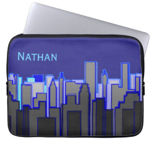 Abstracte Blauwe Stadssilhouet Kunst Persoonlijk Laptop Sleeve