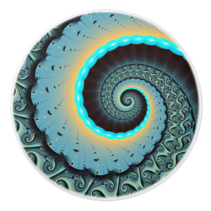 Abstracte blauwe turquoise oranje fractale kunst s keramische knop