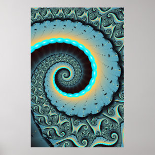 Abstracte blauwe turquoise oranje fractale kunst s poster
