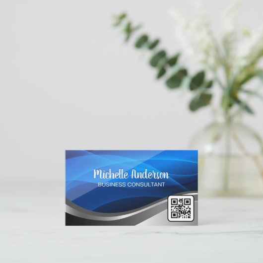 Abstracte blauwe vormen | Qr-code Visitekaartje (Staand voorkant)