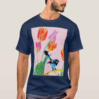 Abstracte Blauwe Wren en Tulpen Schilderen op Blek T-shirt