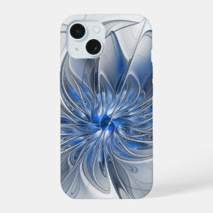 Abstracte blauwgrijze aquarel fractale kunst bloem iPhone 15 hoesje