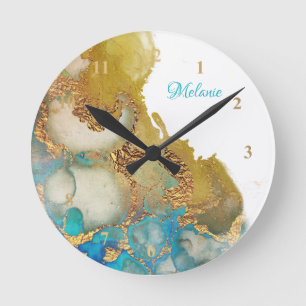 Abstracte Blauwgroen Gold Agate Waterverf Ronde Klok
