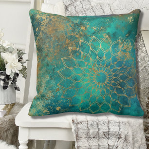 Abstracte Blauwgroen Waterverf Gold Grunge Mandala Kussen