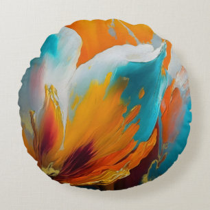 Abstracte bloem in oranje en teal rond kussen
