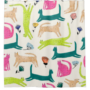 Abstracte bloem met Retrostijl en kattenafbeelding Douchegordijn