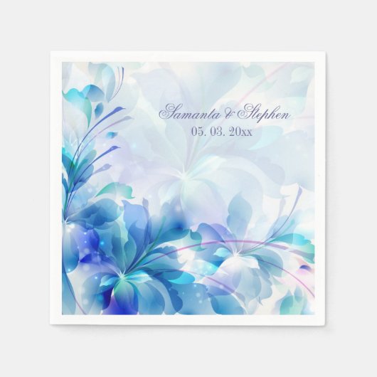 Abstracte bloemachtergrond blauw en wit monogram servetten (Voorkant)