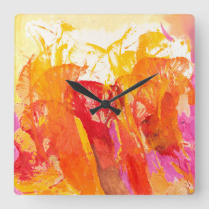Abstracte bloemen in roze, tangerine en goud vierkante klok