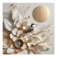 Abstracte Bloemen & Vogel met Zon: Goud, Wit