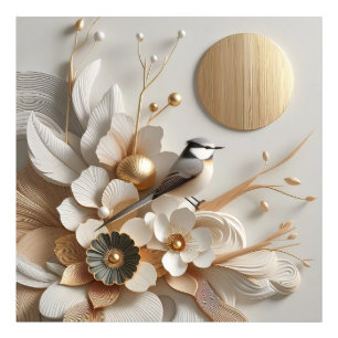 Abstracte Bloemen & Vogel met Zon: Goud, Wit Foto Afdruk