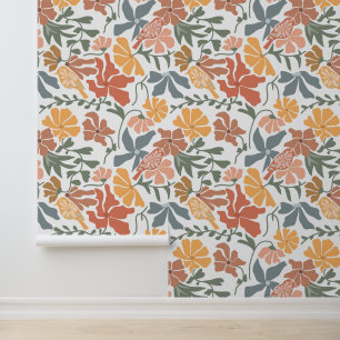 Abstracte Bloemen & Vogels Mid Century Modern Patt Behang