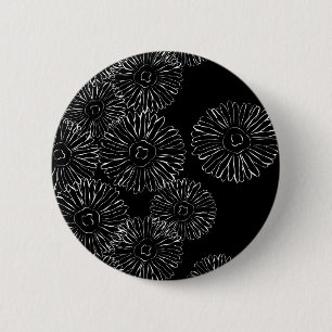 Abstracte bloemen, zwart en wit ronde button 5,7 cm