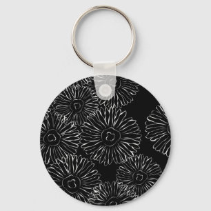 Abstracte bloemen, zwart en wit sleutelhanger