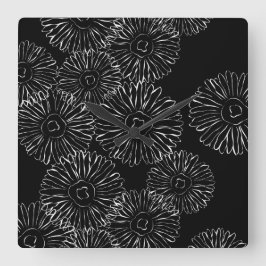 Abstracte bloemen, zwart en wit vierkante klok