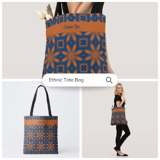 Abstracte bloemencaleidoscoop donkerblauw sinaasap draagtas