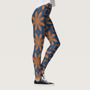 Abstracte bloemencaleidoscoop donkerblauw sinaasap leggings
