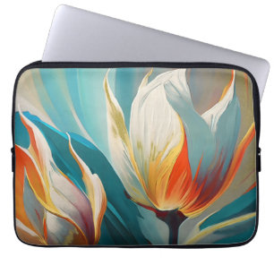 Abstracte bloemengloed in turquoise en oranje laptop sleeve