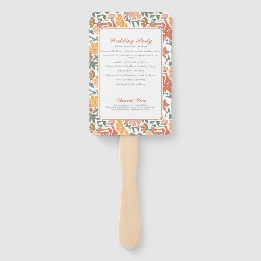 Abstracte bloemenvogels Mid Century-huwelijksprogr Handwaaier (Achterkant)