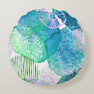 Abstracte bloemenwaterverf bloemenblauw wit roze rond kussen