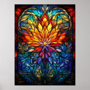 Abstracte bloemhart gebrandschilderde mandala-kuns poster