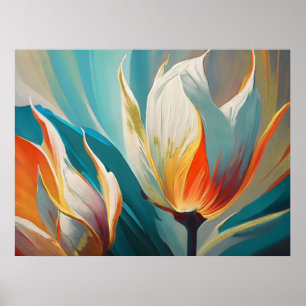 Abstracte bloemige gloed in turquoise en oranje poster