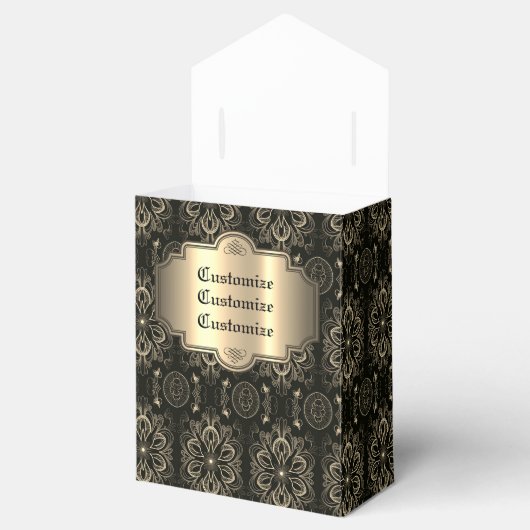 Abstracte bloemige zwarte en gouden tent bedankdoosjes (Geopend)